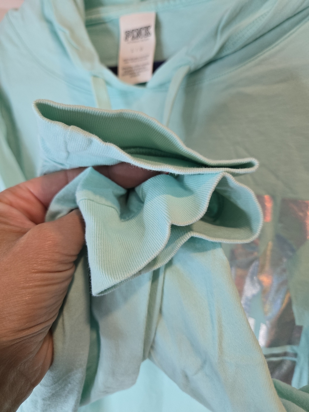 NWOT PINK Victoria's Secret Mint Green Long Sleeve Hoodie Tee Logo *read* - Picture 6 of 11